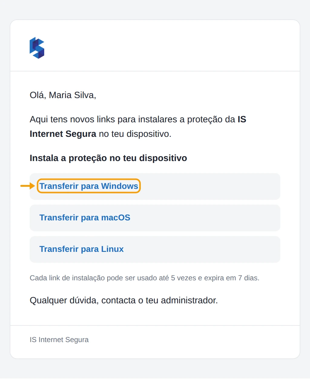 Email de convite com o link "Transferir para Windows" em destaque