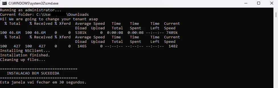 Mensagem de instalação concluída com sucesso no terminal
